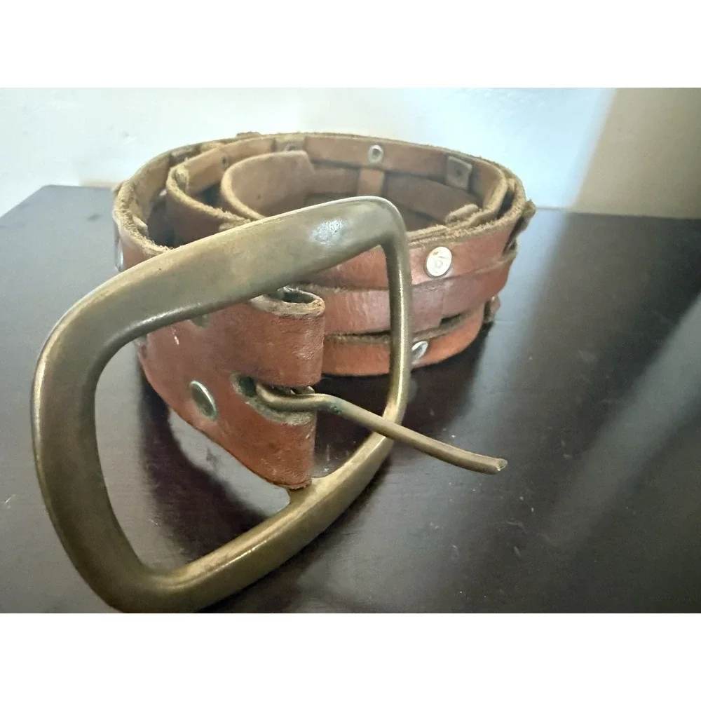 Vintage Unisex Brown Silver Leather Pin Buckle Casual Waist Belt 44-in Long